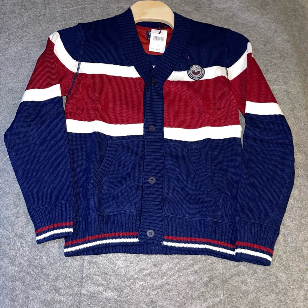 Born‎ Fly Varsity Cardigan M Navy Red White Colorblock Knit Sweater  NWT